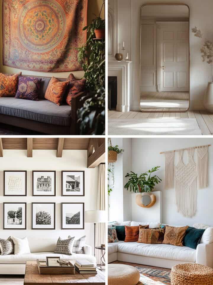 A collage of rooms with wall decor including a gallery wall, macrame, mirror, and tapestry.