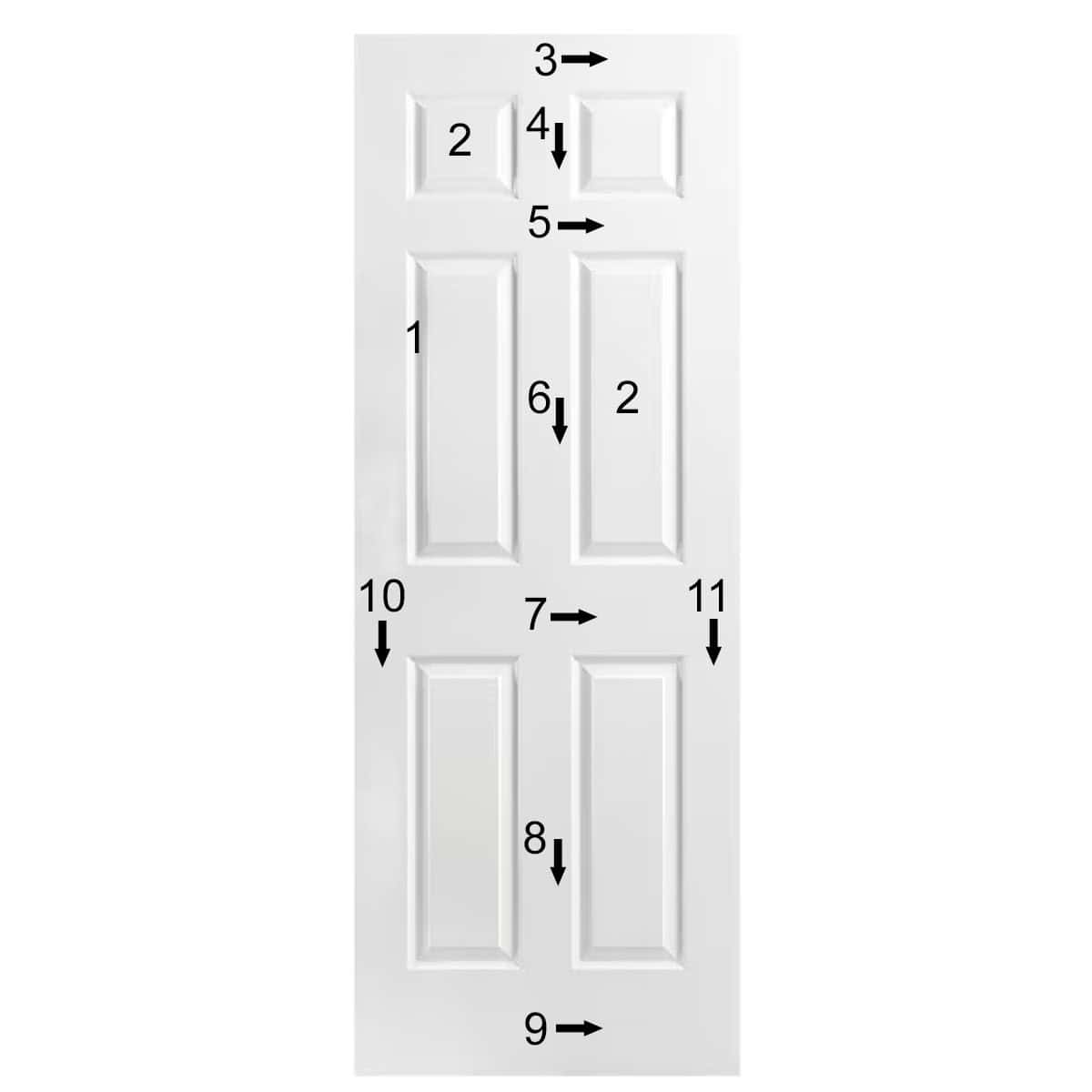 A hollow core interior door with numbers showing a numbered order for painting doors correctly.
